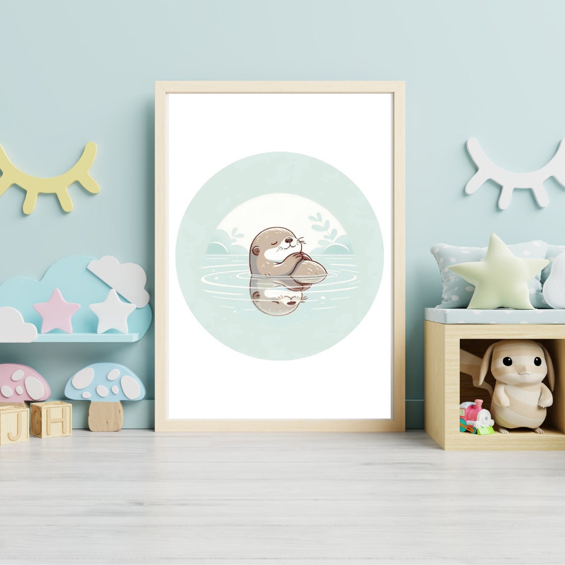 Curled Otter Resting Water Reflection Mint Nursery Wall Poster