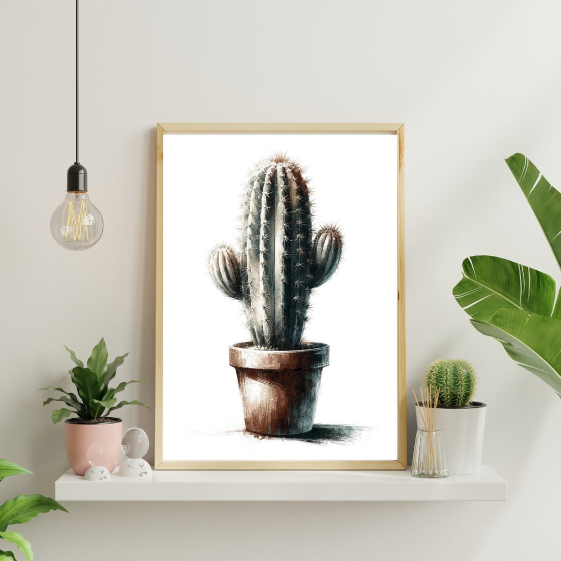 Tall Columnar Cactus Rustic Pot Natural Watercolor Art Poster