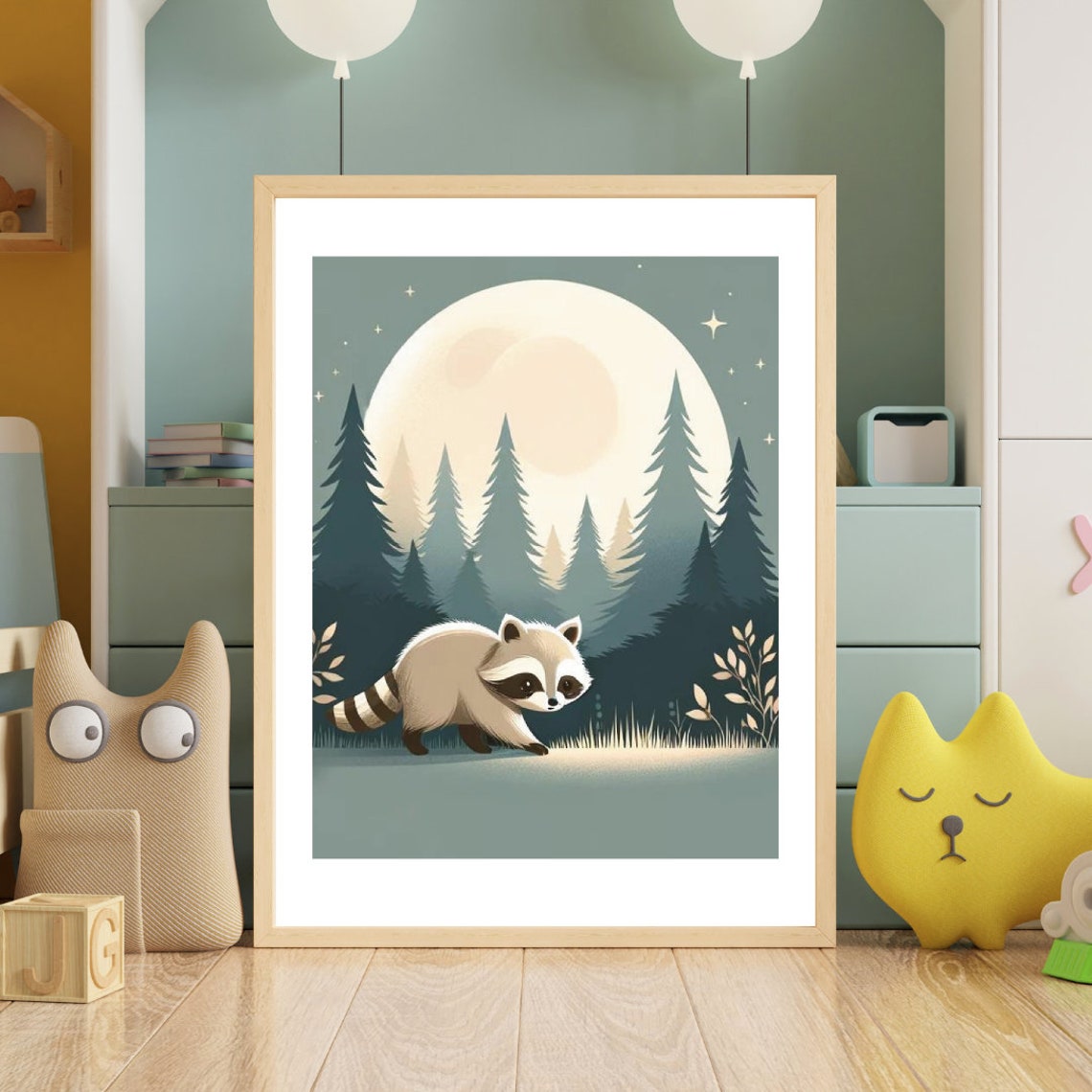 Raccoon Moonlit Pine Forest Circular Kids Night Nursery Poster - Image 5