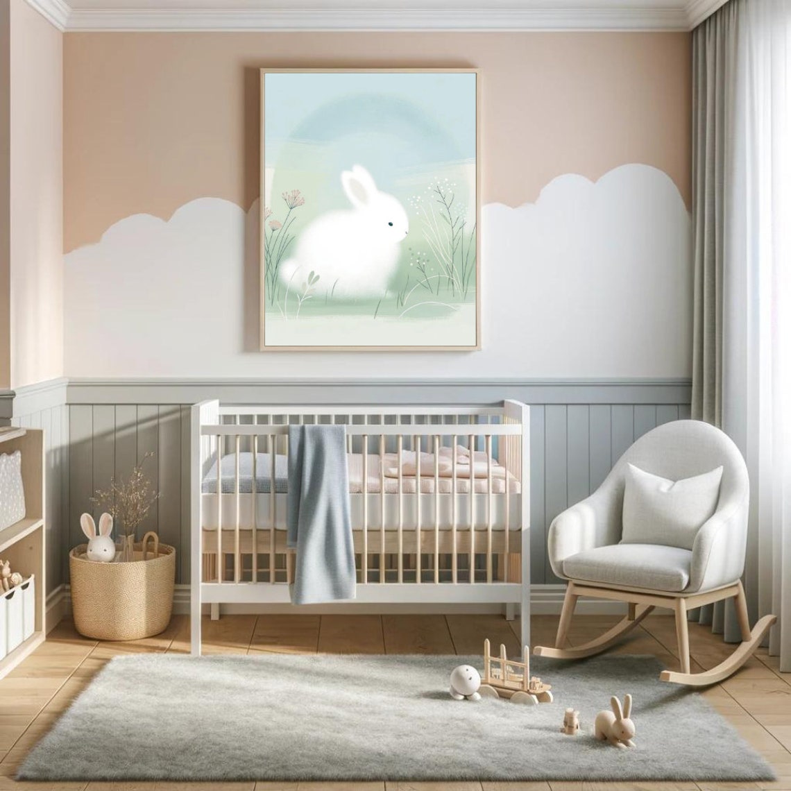 Fluffy White Bunny Meadow Soft Pastel Blue Nursery Rabbit Wall Art