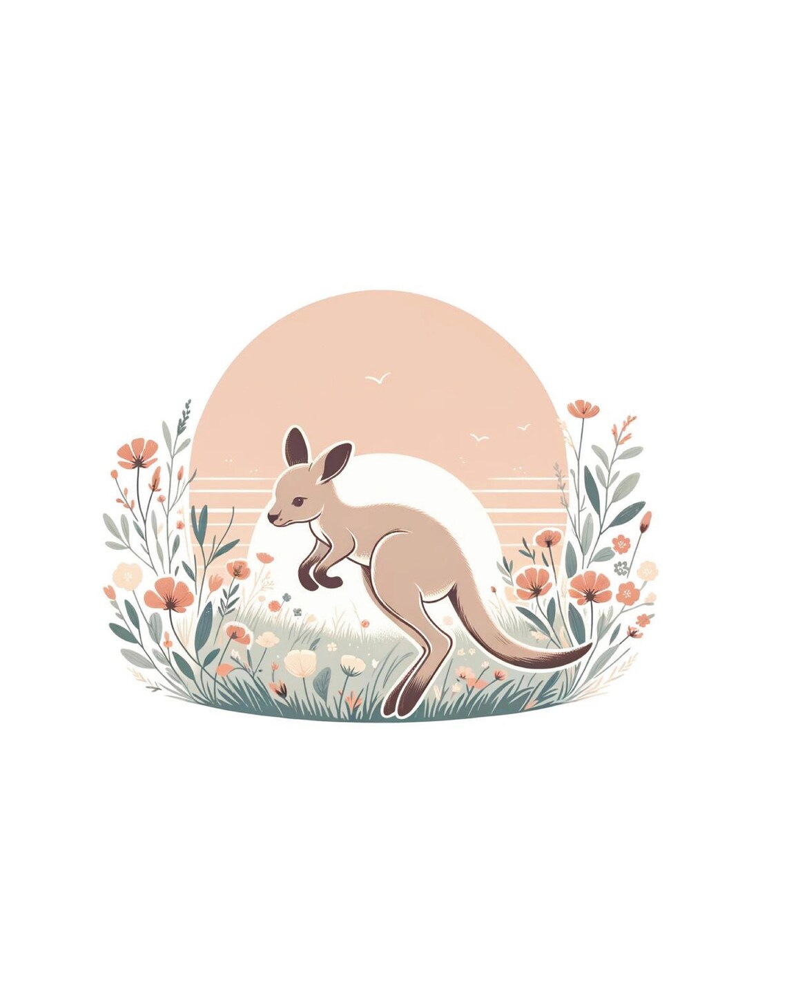 Kangaroo Joey Sunrise Wildflowers Pastel Nursery Illustration Wall Art - Image 3