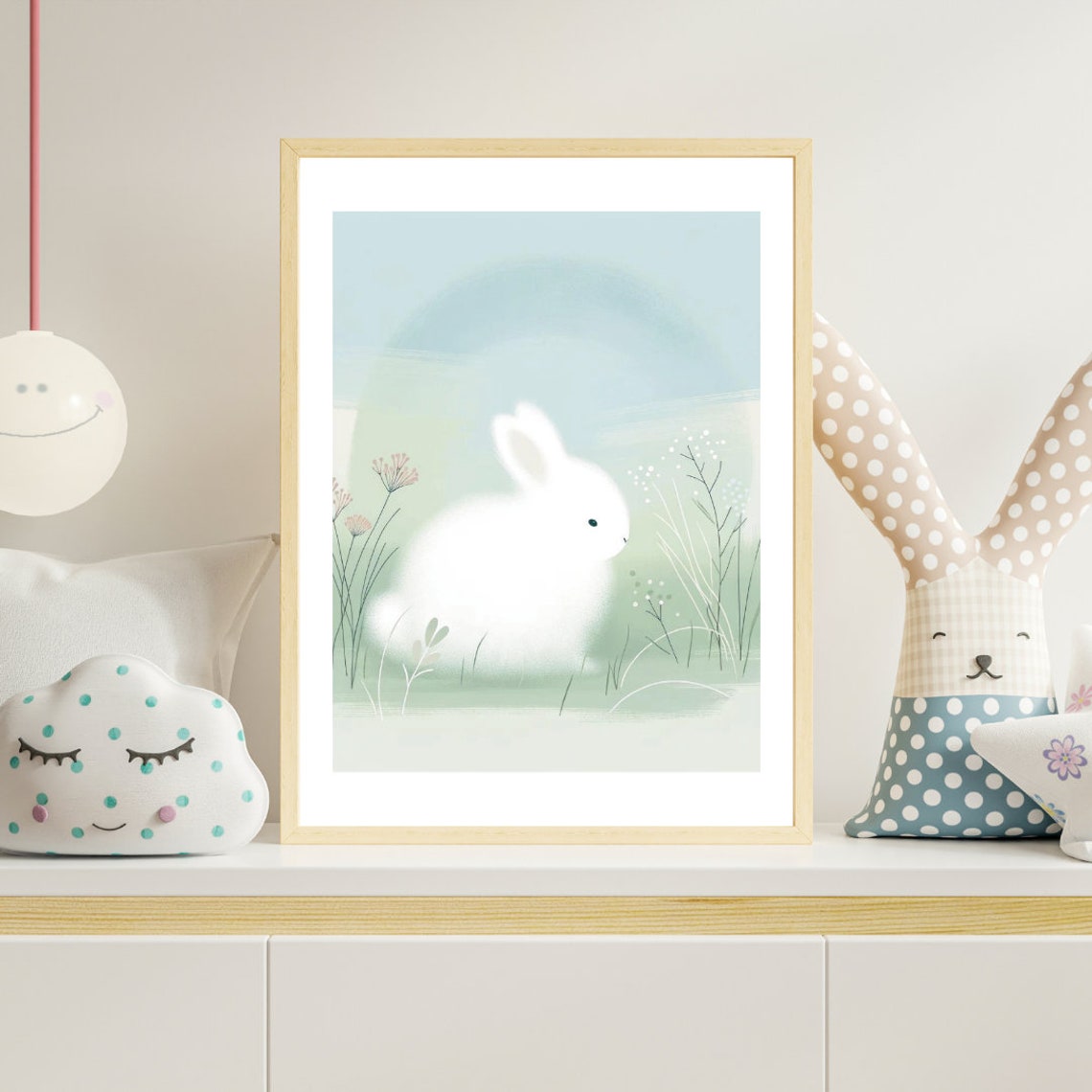 Fluffy White Bunny Meadow Soft Pastel Blue Nursery Rabbit Wall Art - Image 5