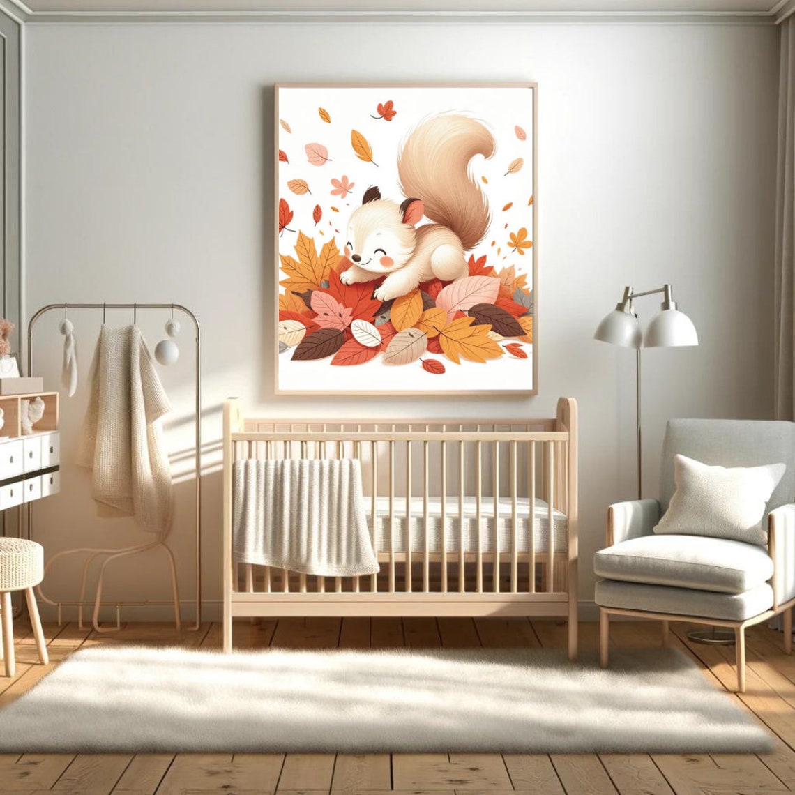 Baby Squirrel Autumn Leaves Playful Fall Forest Cute Nursery Wall Art