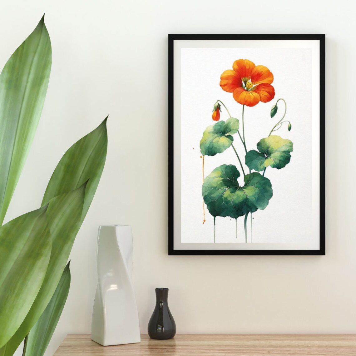 Vibrant Orange Nasturtium Flower Watercolor Botanical Poster - Image 2