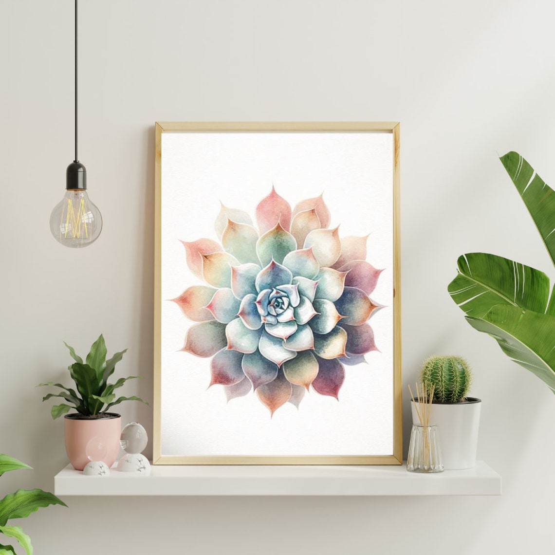 Rainbow Pastel Succulent Rosette Serene Watercolor Botanical Poster - Image 5