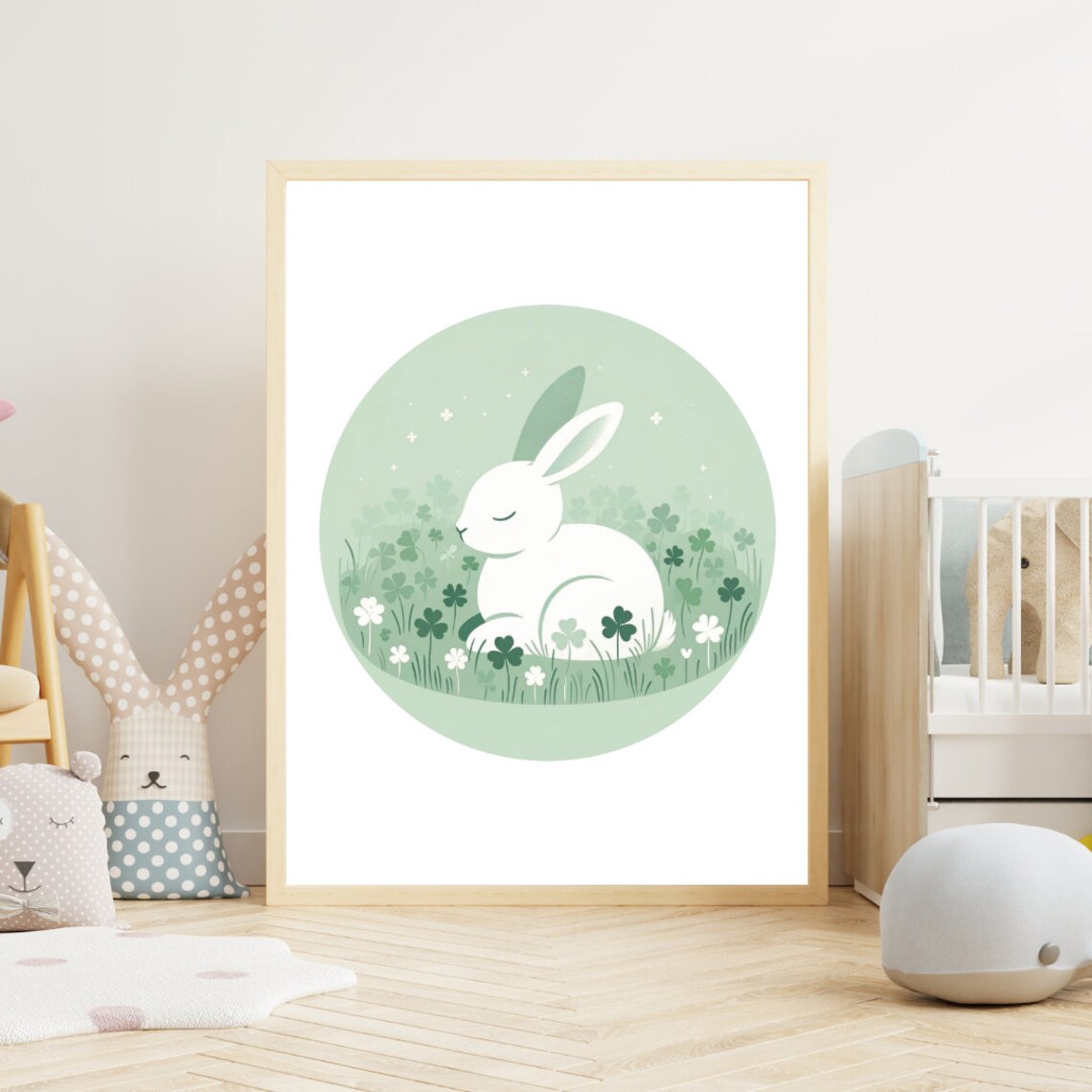 White Bunny Clover Field Soft Green Nursery Rabbit Illustration Wall Art - Image 5