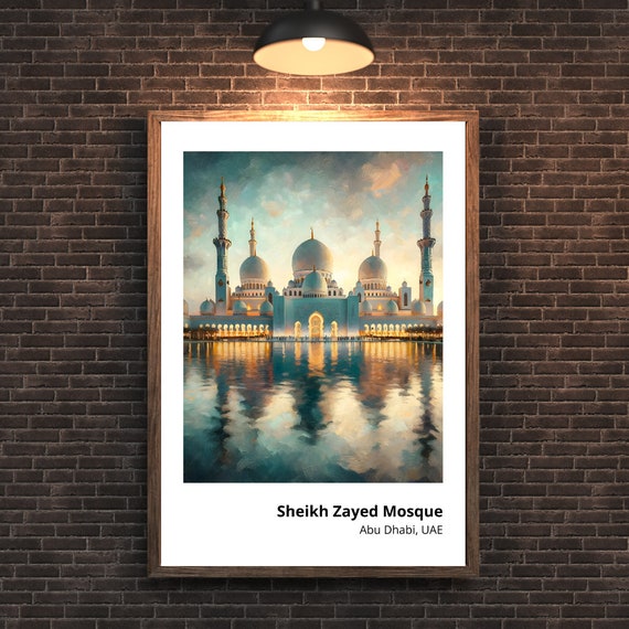 Sheikh Zayed Mosque Art Print Stunning Painting Of Abu Dhabi Landmark Elegant Wall Decor Majestic Islamic Architecture Art