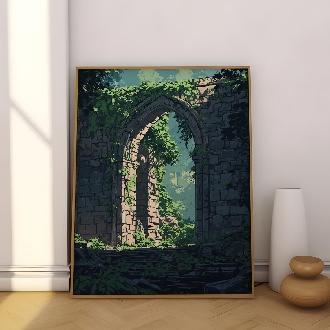 Pixel Art Ancient Stone Archway Ivy Overgrown Forest Ruins Poster