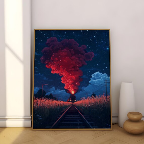 Steam Locomotive Night Starry Sky Red Smoke Clouds Train Poster
