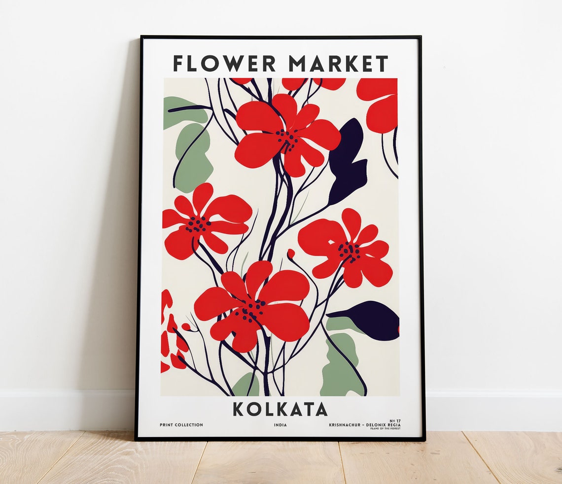 Kolkata Flower Market Red Krishnachura Bloom Botanical Art Poster