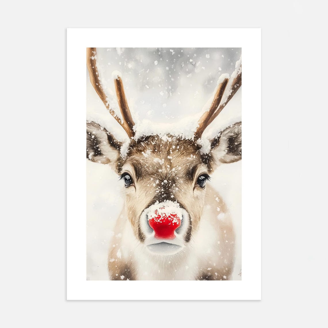 Cute Red Nosed Reindeer in Falling Snow Christmas Watercolor Poster - Image 2