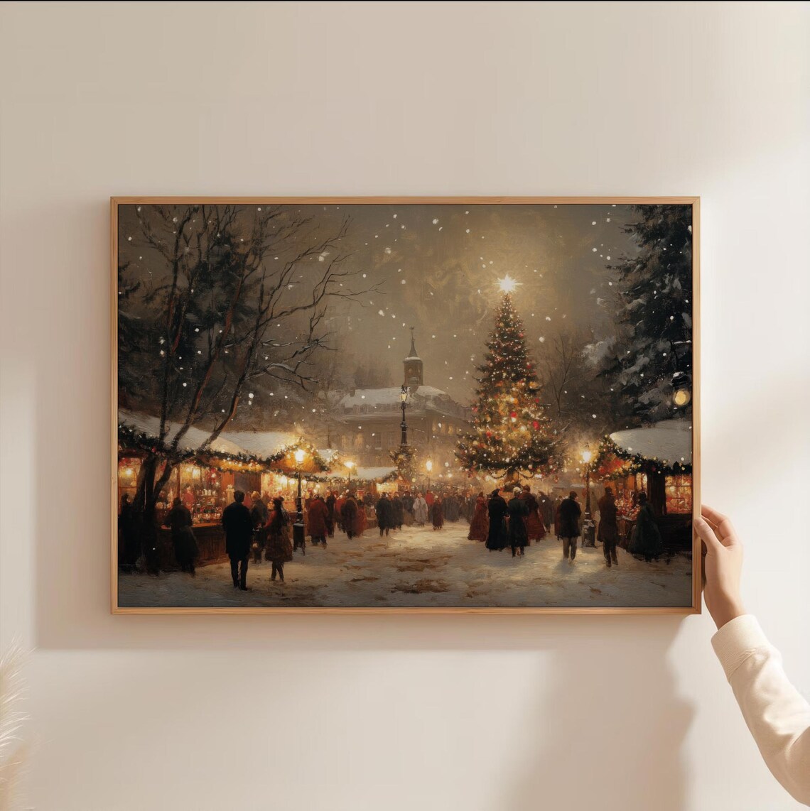 Snowy European Christmas Market Crowd Vintage Holiday Poster - Image 3