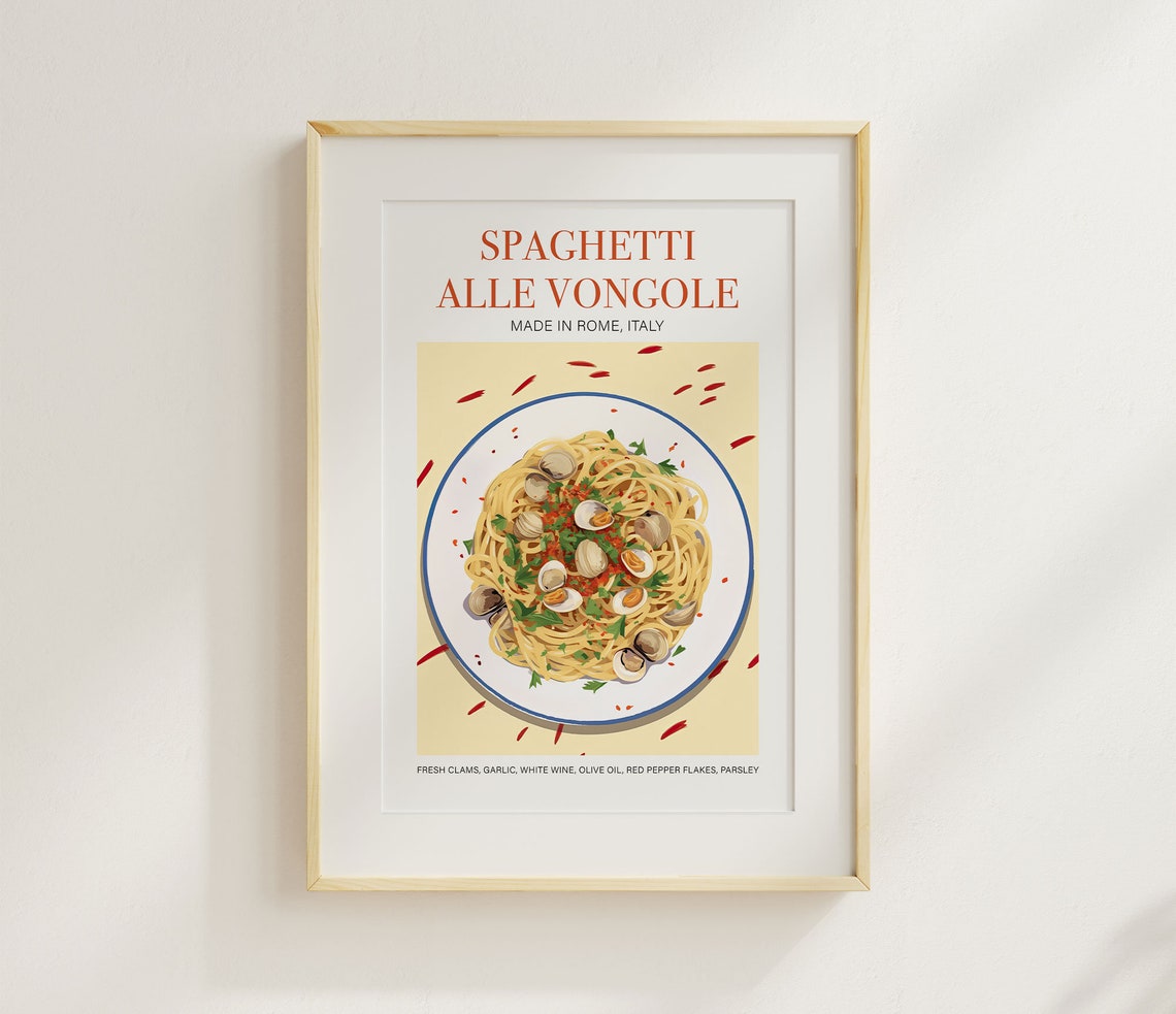 Spaghetti Alle Vongole Spaghetti Art Print Trendy Retro Wall Art Traditional Italian Food Wall Art Print Poster Foodie Gift Cafe Wall Art - Image 3