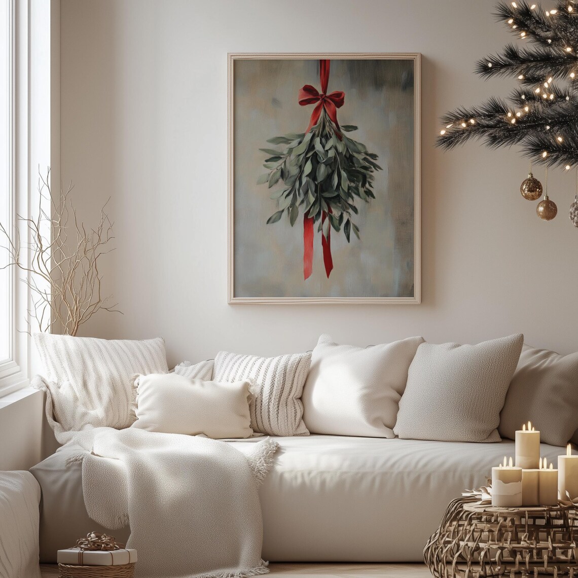 Hanging Mistletoe Red Ribbon Vintage Style Christmas Holiday Poster - Image 4