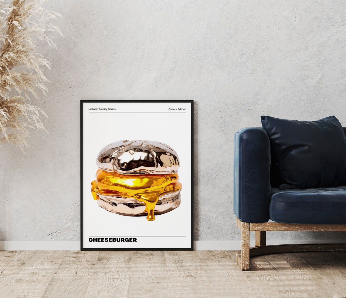 Chrome Cheeseburger Dripping Gold Cheese Metallic Reality Art Poster - Image 2