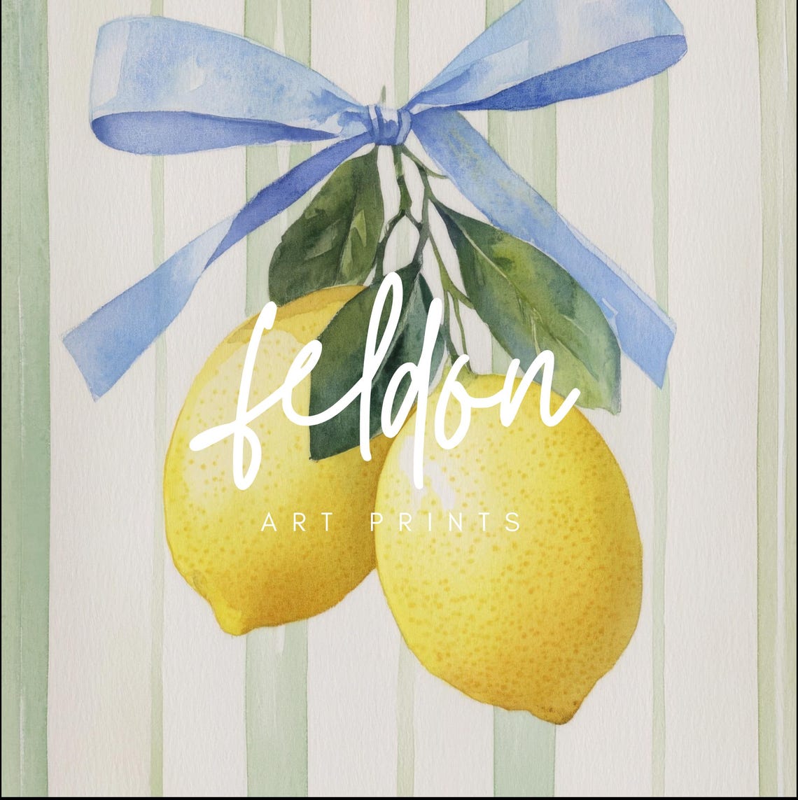 Lemon Watercolor Blue Bow Sage Striped Citrus Kitchen Poster - Image 2