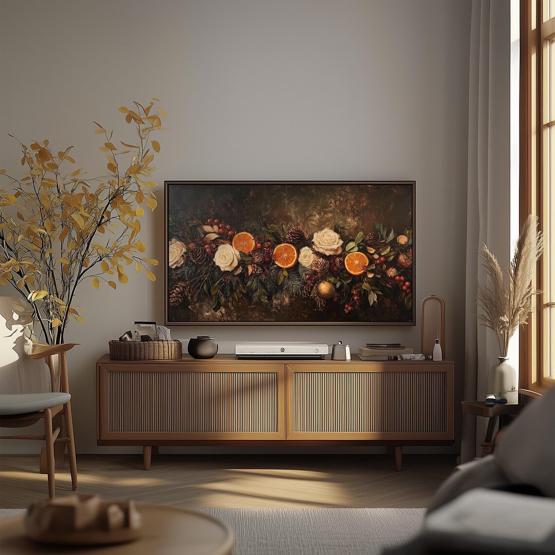Dark Christmas Garland White Roses Frame TV Art Holiday Poster - Image 3