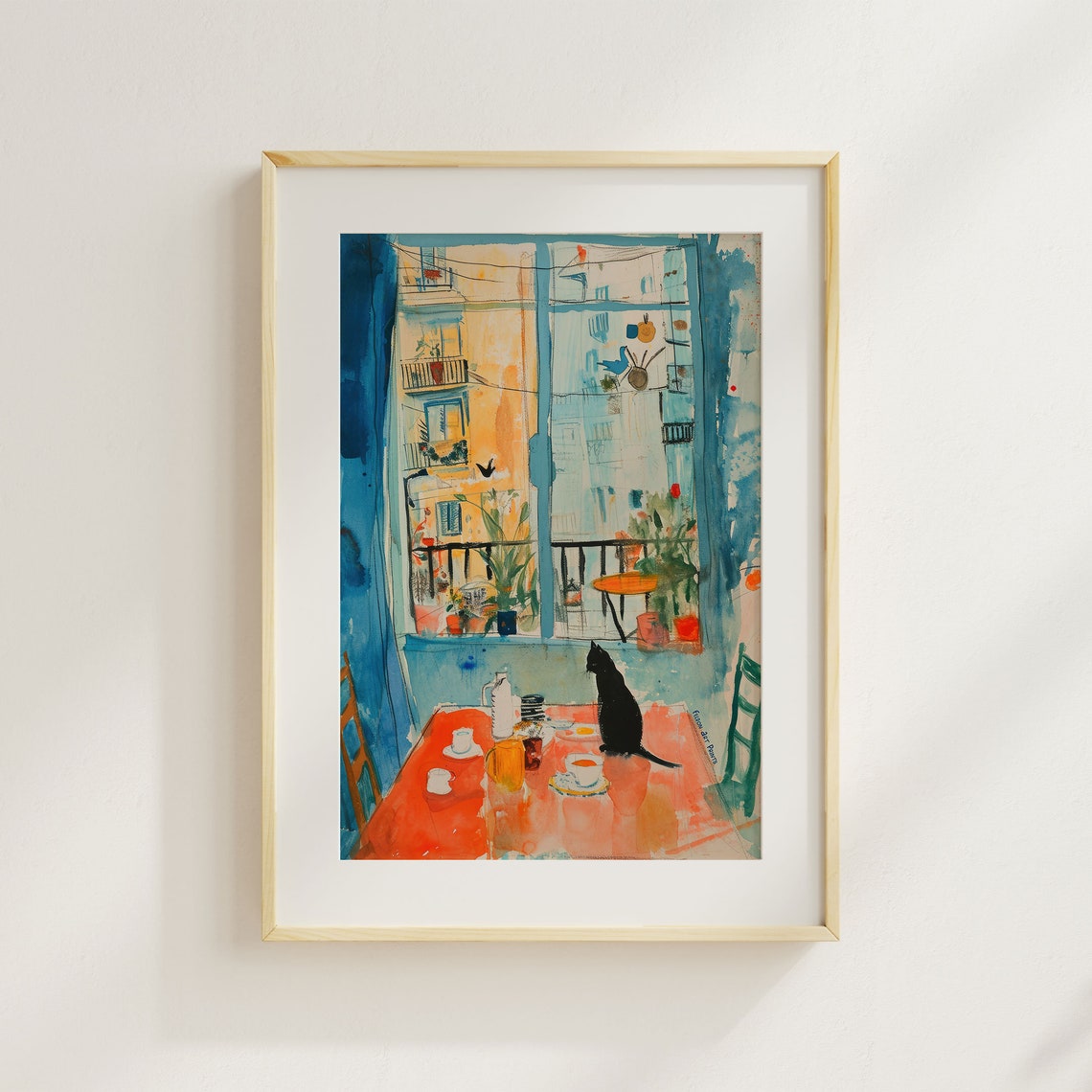 Black Cat At Sunny Window Watercolor Breakfast Table Art Poster - Image 2