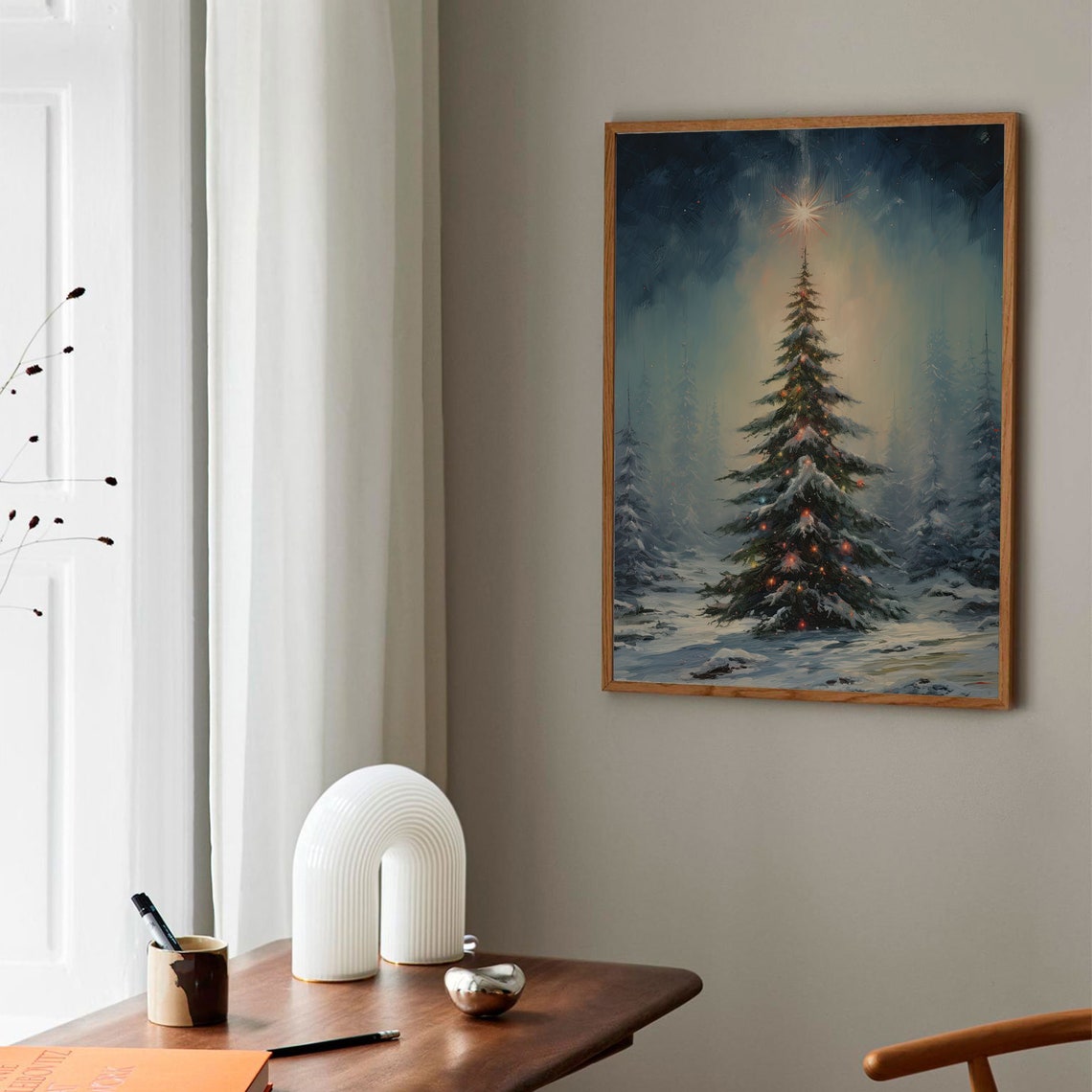 Snowy Christmas Tree Glowing Star Winter Forest Night Poster - Image 2