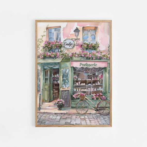Emily's Patisserie French Bakery Storefront Watercolor Painting Poster