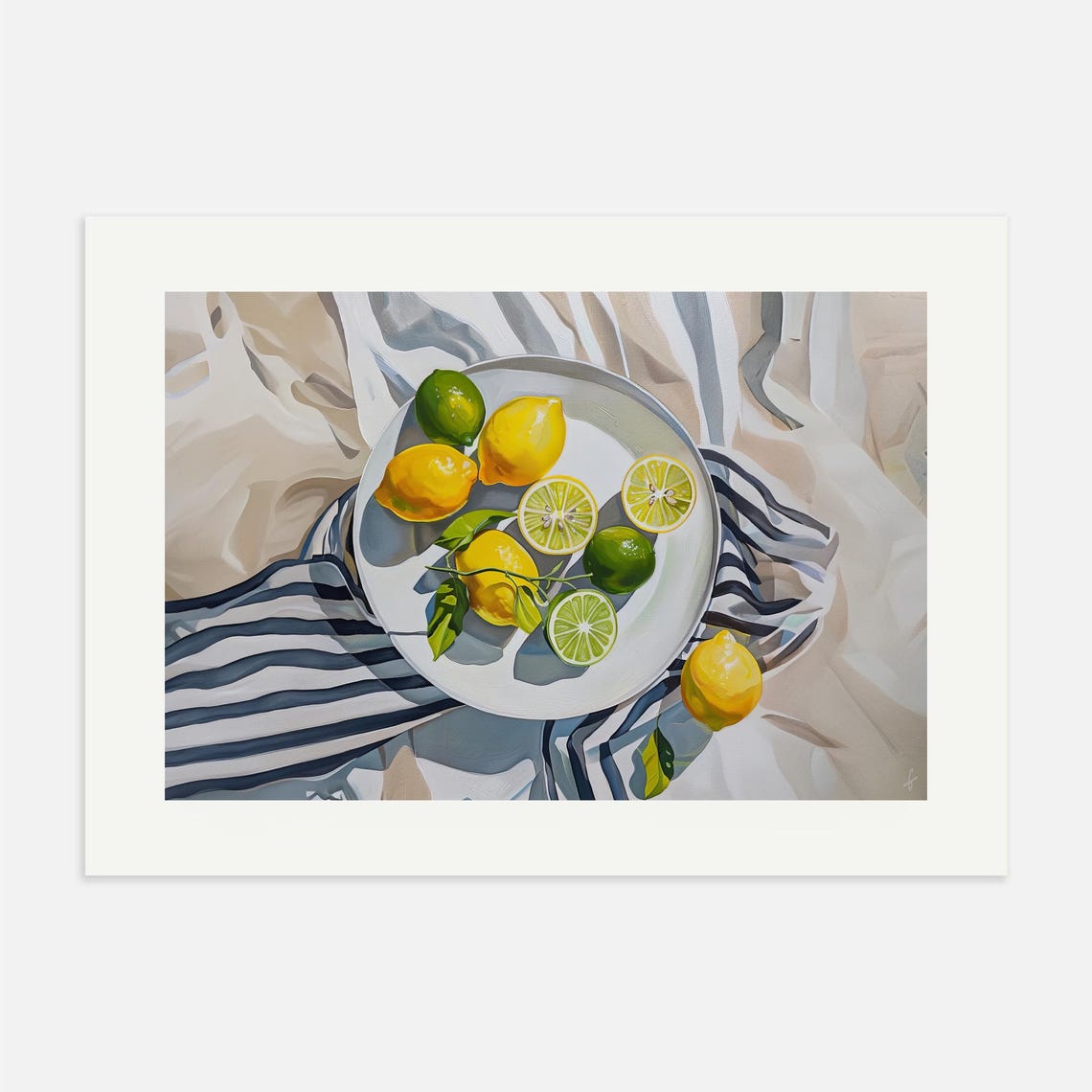 Fresh Lemons On Striped Cloth Sunny Citrus Kitchen Still Life Poster - Image 3