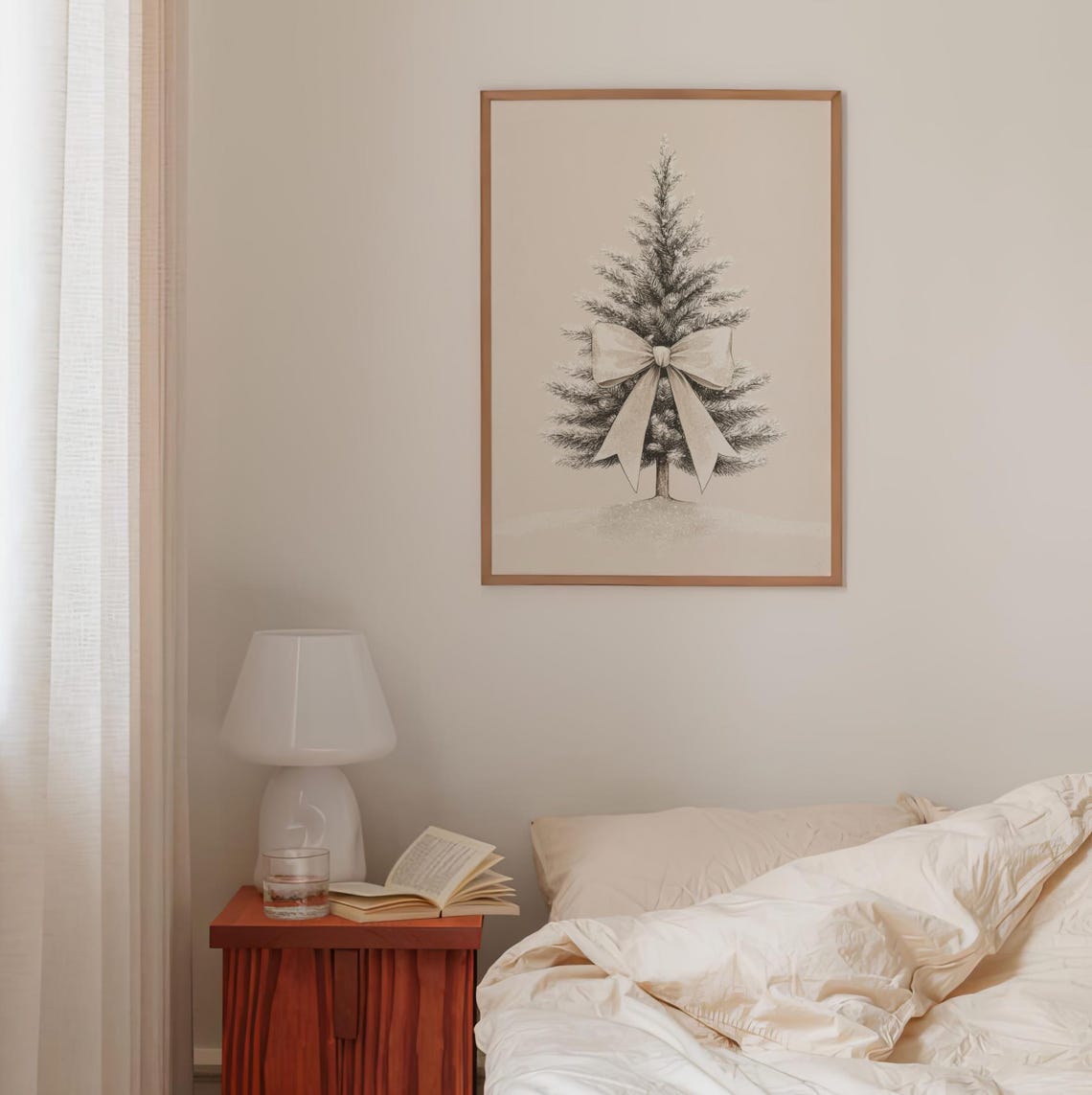 Snowy Christmas Tree With Cream Bow Neutral Winter Art Poster - Image 3