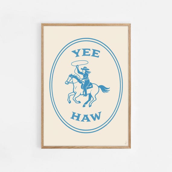 Yee Haw Cowgirl Art Print Western Rodeo Wall Decor Retro Horseback Rider Poster Blue Country Pop 1131