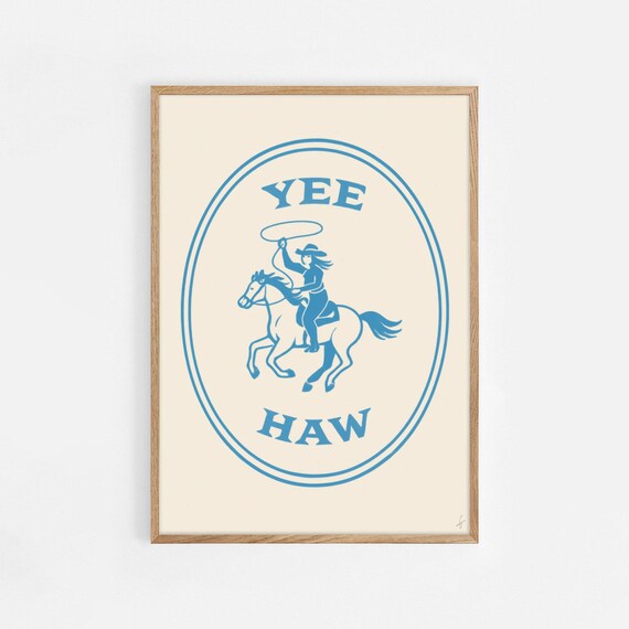 Yee Haw Cowgirl Horse Lasso Vintage Blue Western Badge Wall Art