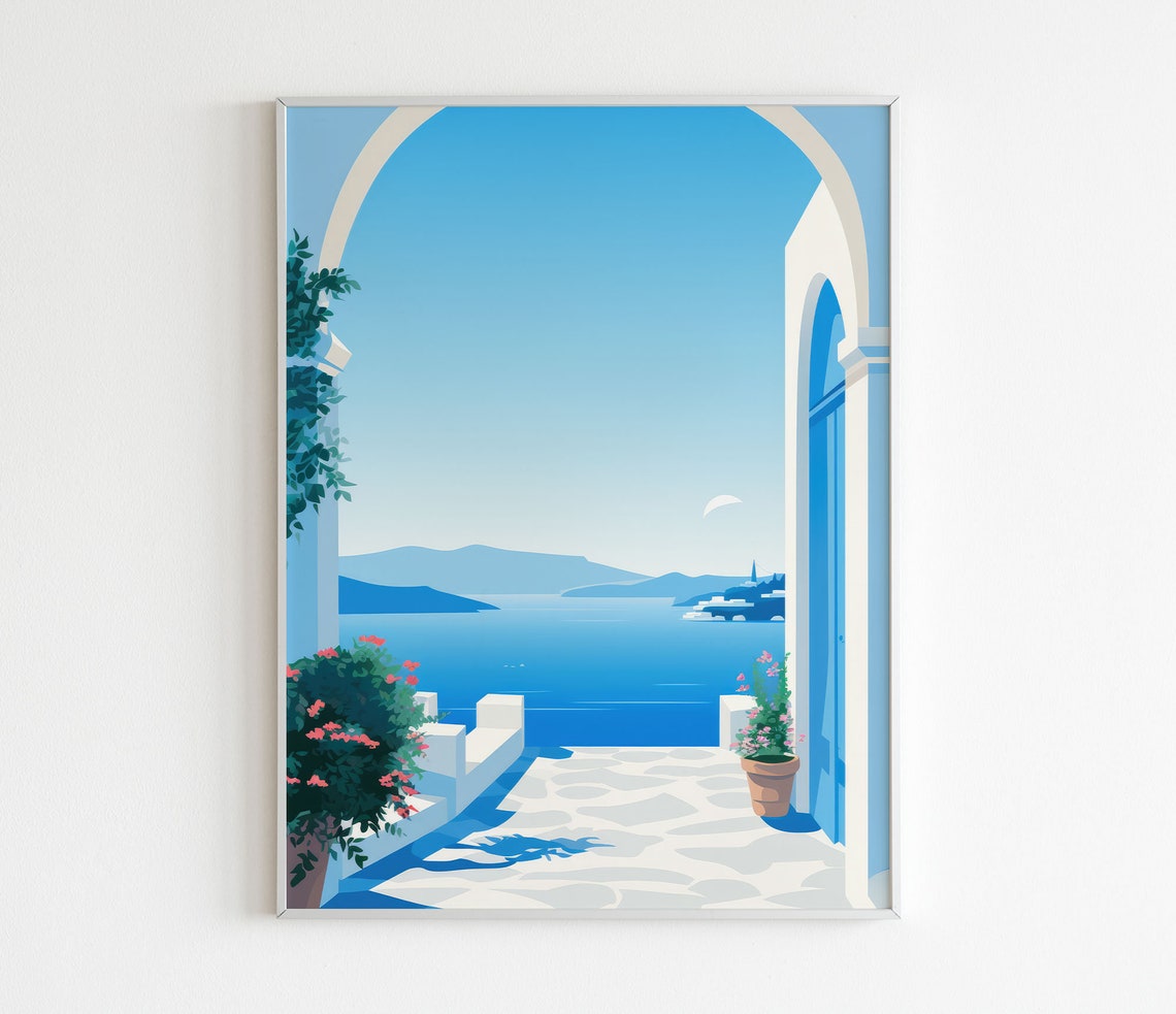 Santorini Greece Archway Aegean Sea View Blue Travel Art Poster