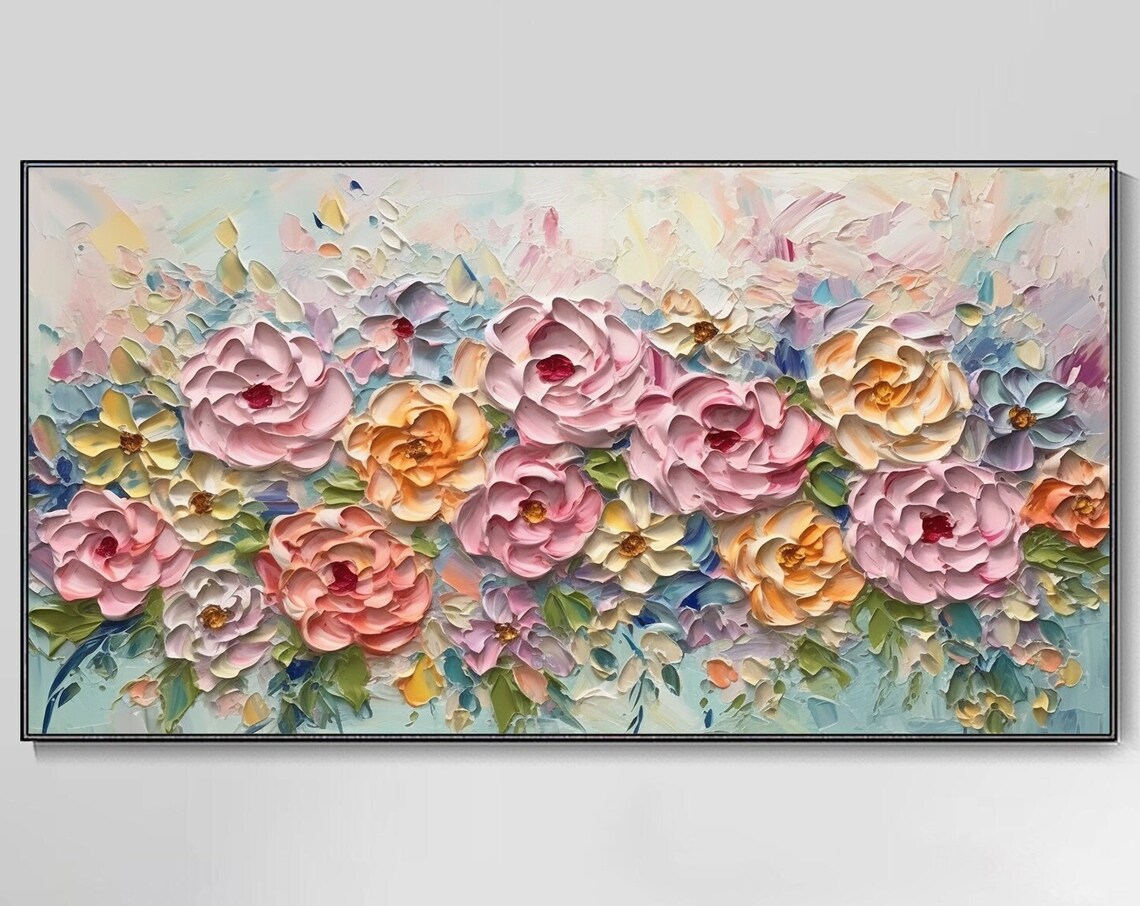 Soft Pink Rose Garden Pastel Blooms Palette Knife Floral Art Poster