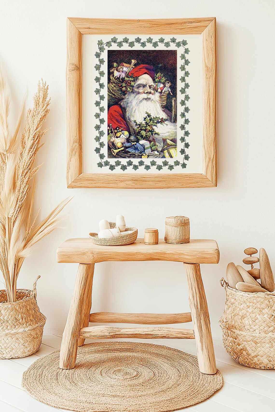 Vintage Santa Claus Toy Basket Ivy Border Antique Christmas Poster - Image 2