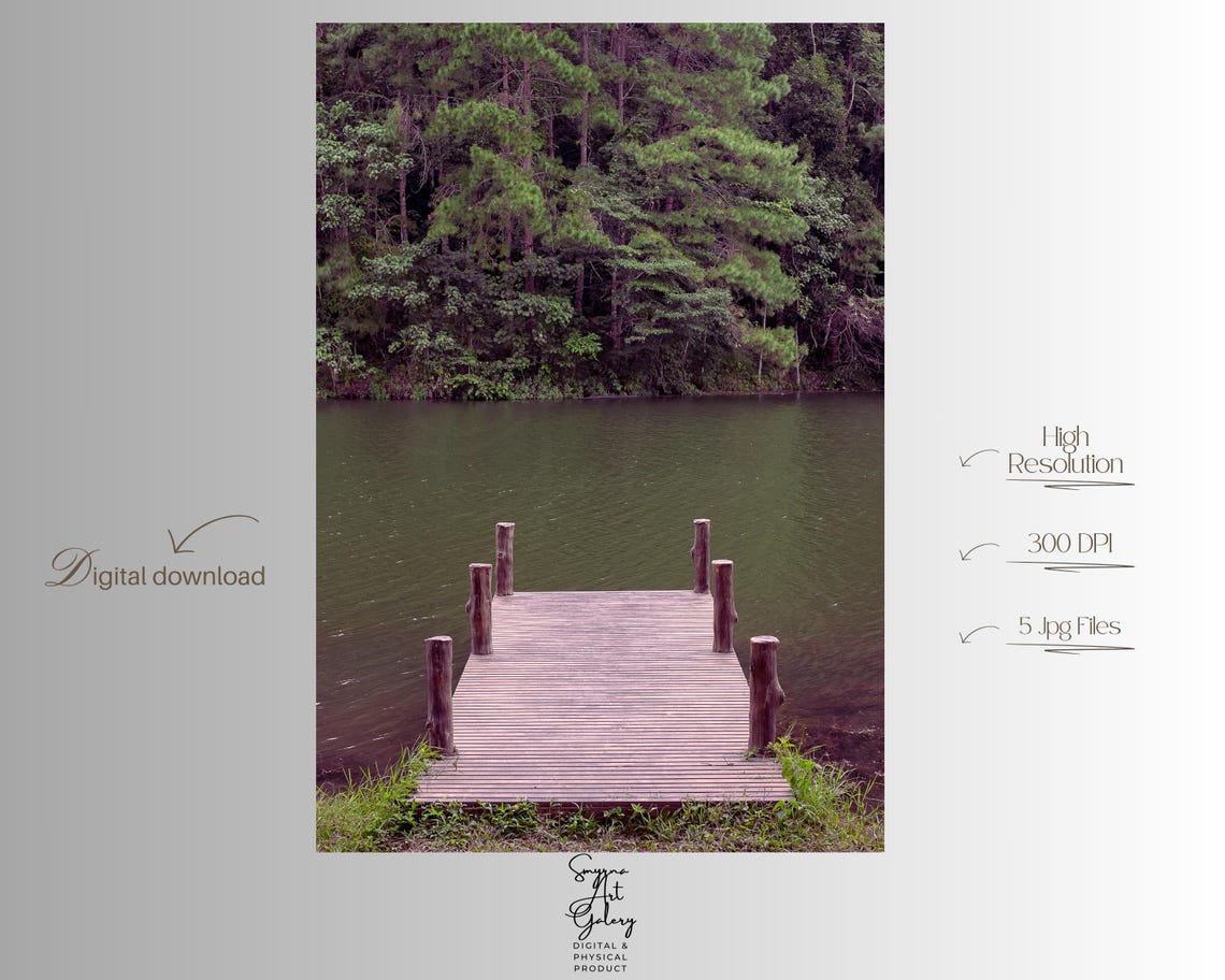 Wooden Dock Calm Lake Pine Forest Serene Nature Photography Poster