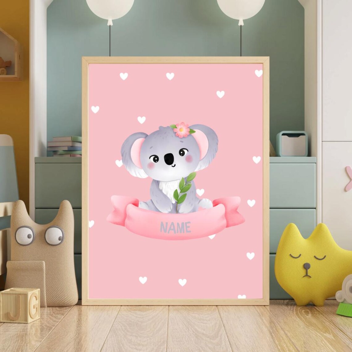 Personalized Pink Koala Nursery Poster With Flower Crown And Name Banner