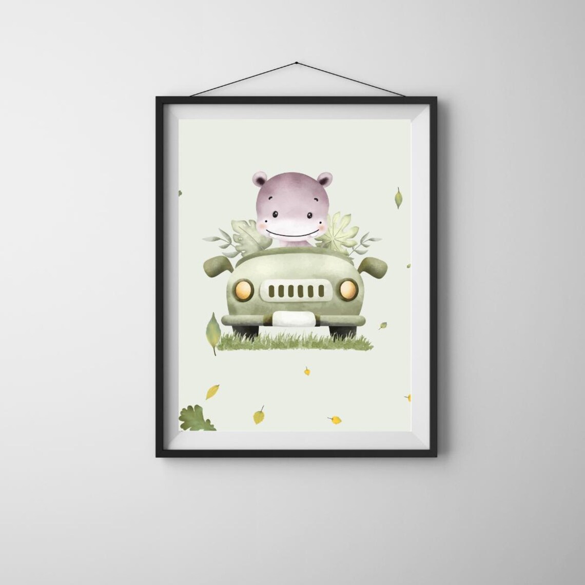 Baby Hippo Driving Jeep Poster Watercolor Safari Nursery Car Decor