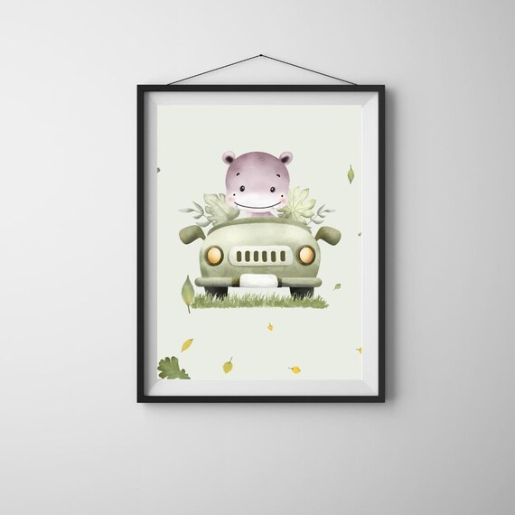 Baby Hippo Driving Jeep Poster Watercolor Safari Nursery Car Decor