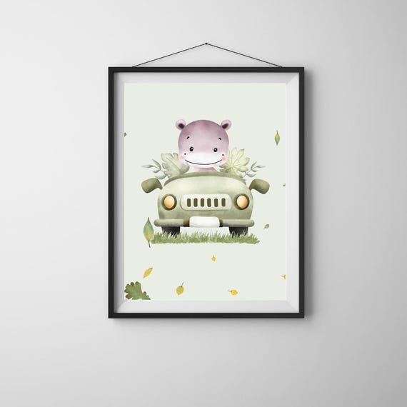 Safari Animal Nursery Wall Art Set Jungle Car Poster Trio For Kids Zebra Elephant Hippo Prints