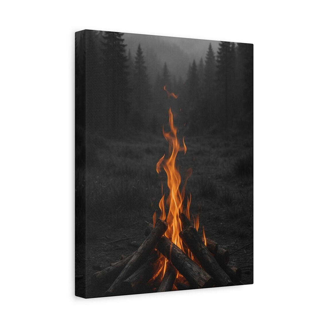 Campfire In Misty Forest Canvas Print Moody Cabin Nature Photography