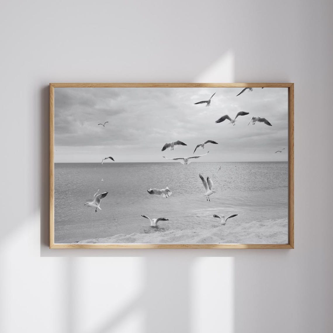 Seagulls Flying Ocean Black White Minimalist Coastal Photo Poster