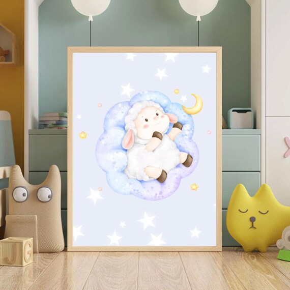 Sleeping Lamb Dreamy Cloud Nursery Stars Moon Kids Room Wall Art