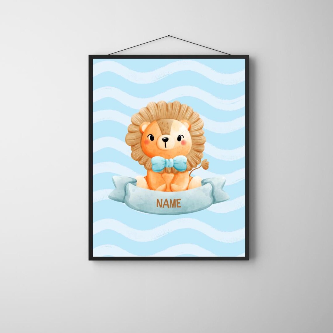 Personalized Blue Lion Nursery Poster With Bow Tie And Name Banner Art