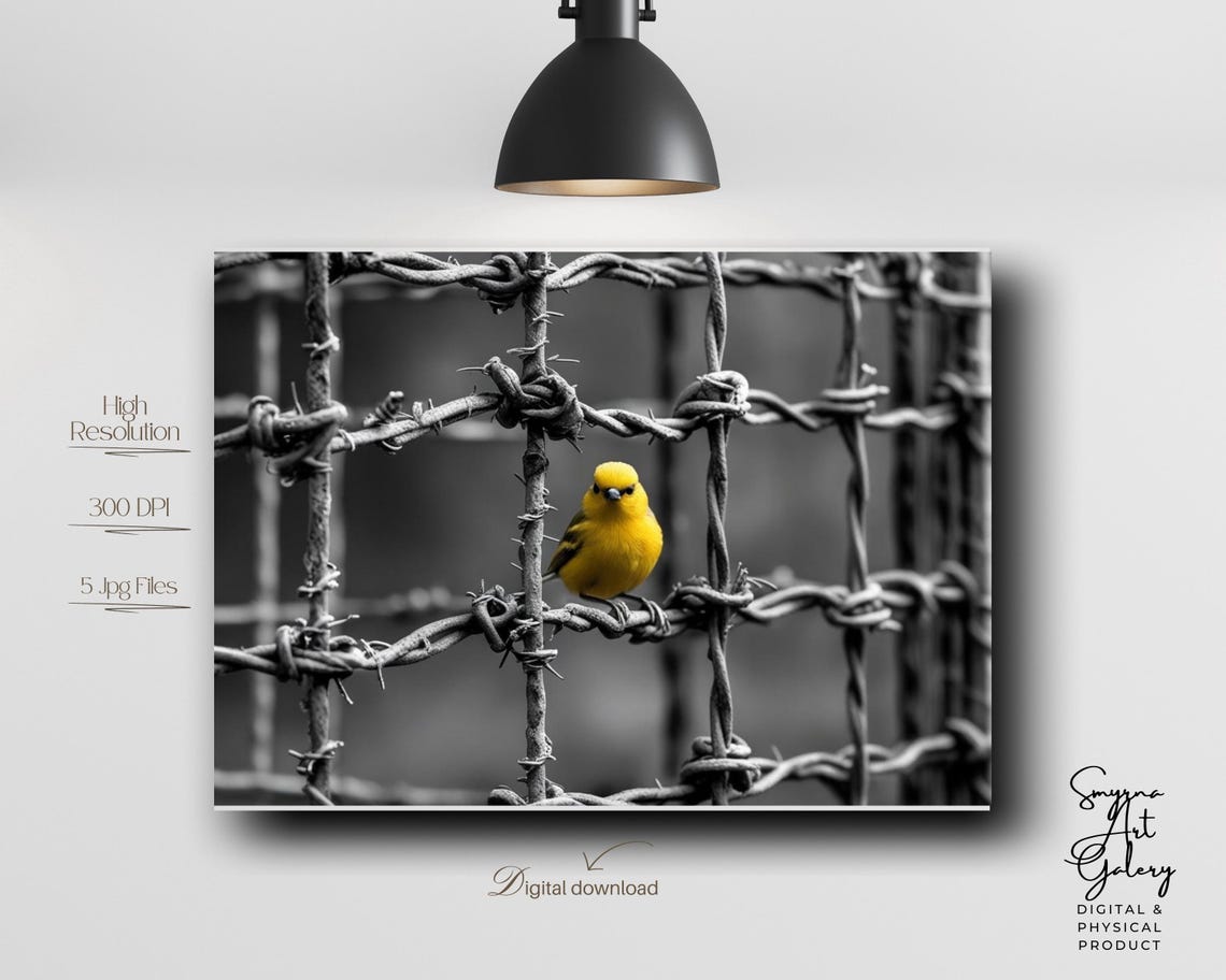 Bright Yellow Bird on Barbed Wire Selective Color Photo Poster