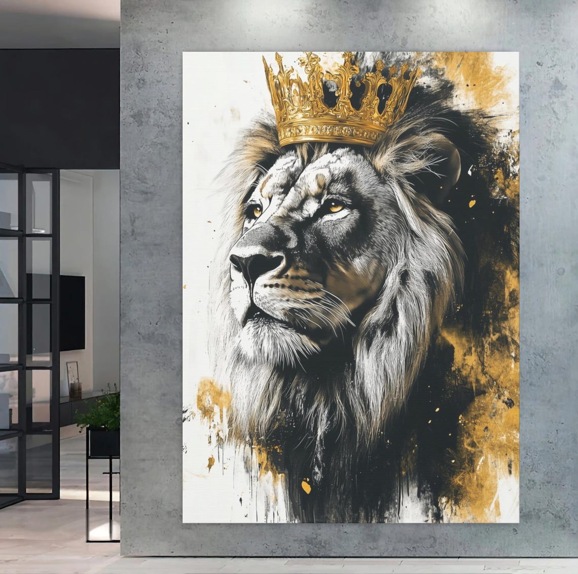 Crowned Lion With Gold Crown Regal Luxury Black and White Wall Art