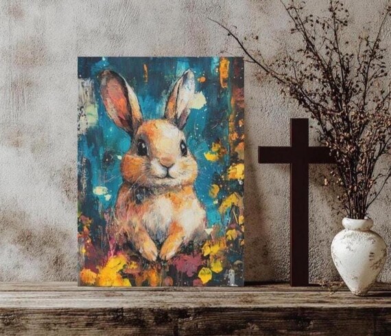 Cute Baby Bunny Floral Painting Teal Nursery Whimsical Rabbit Poster