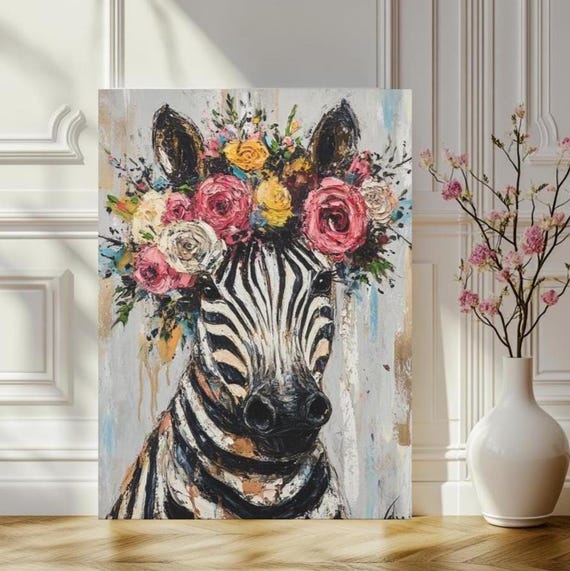 Zebra Wall Art Floral Animal Canvas Colorful Safari Nursery Decor Whimsical Jungle Print Gift For Baby Shower Kids Room