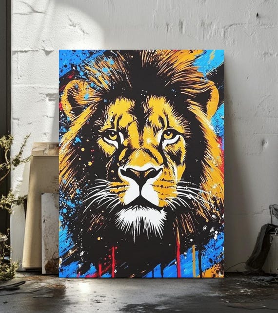 Lion Canvas Wall Art Bold Graffiti Style Animal Painting Colorful Urban Jungle Poster Modern Man Cave Decor Fierce Artwork