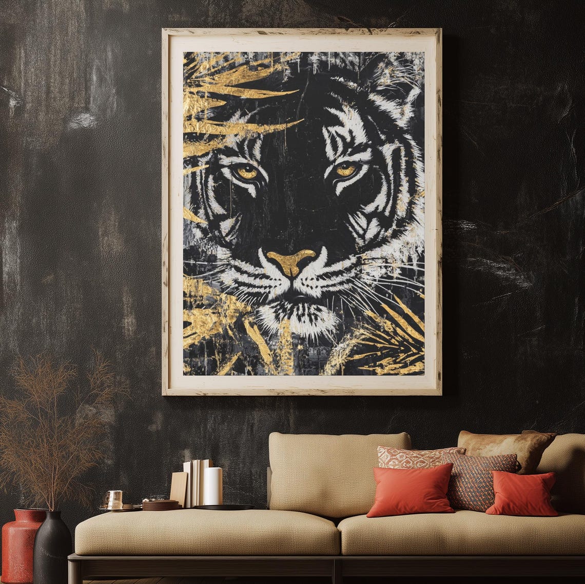 Black Gold Tiger Face Portrait Luxury Jungle Predator Wall Art