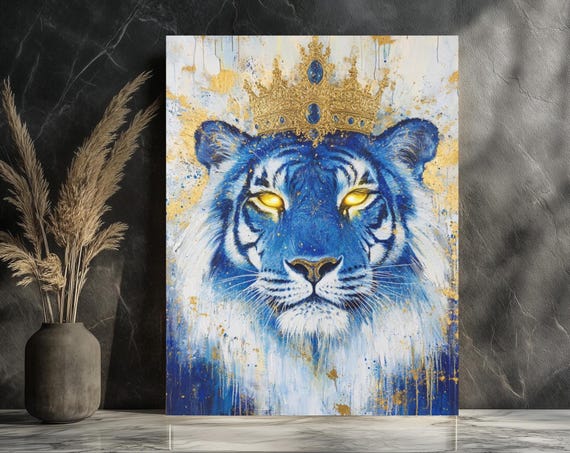 Royal Blue Tiger Canvas Art Gold Crown Regal Animal Decor