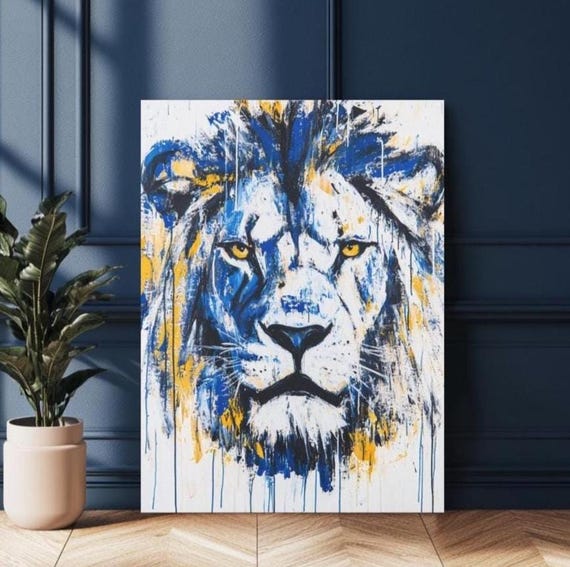 Lion Wall Art Blue Yellow Canvas Painting Colorful Modern Decor Abstract Animal Artwork For Living Room Bedroom Office Man Cave