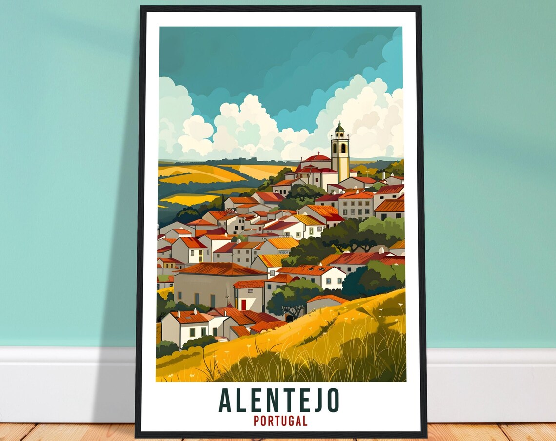 Alentejo Portugal Travel Poster Hillside Village Golden Fields View
