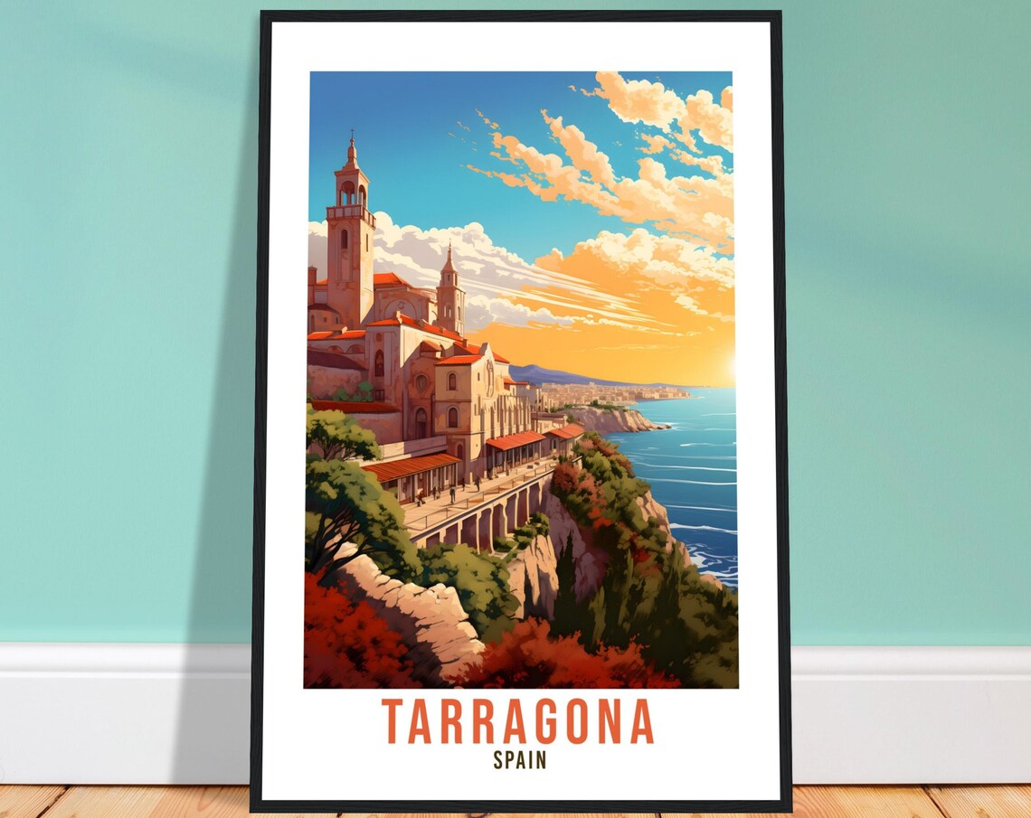 Tarragona Spain Coastal Cathedral Cliffs Vintage Travel Poster